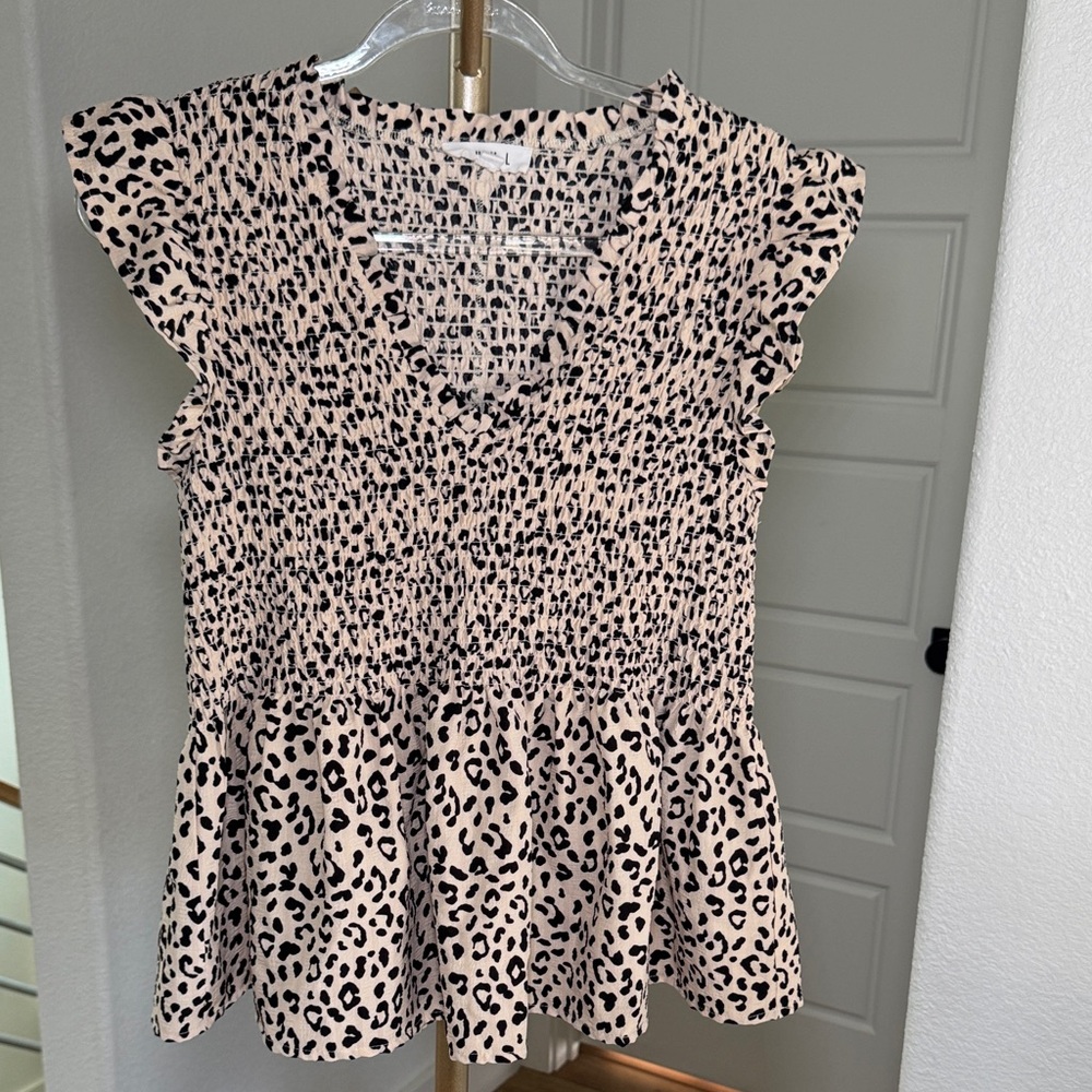 THML Leopard Print Smocked Peplum Top – Size Large